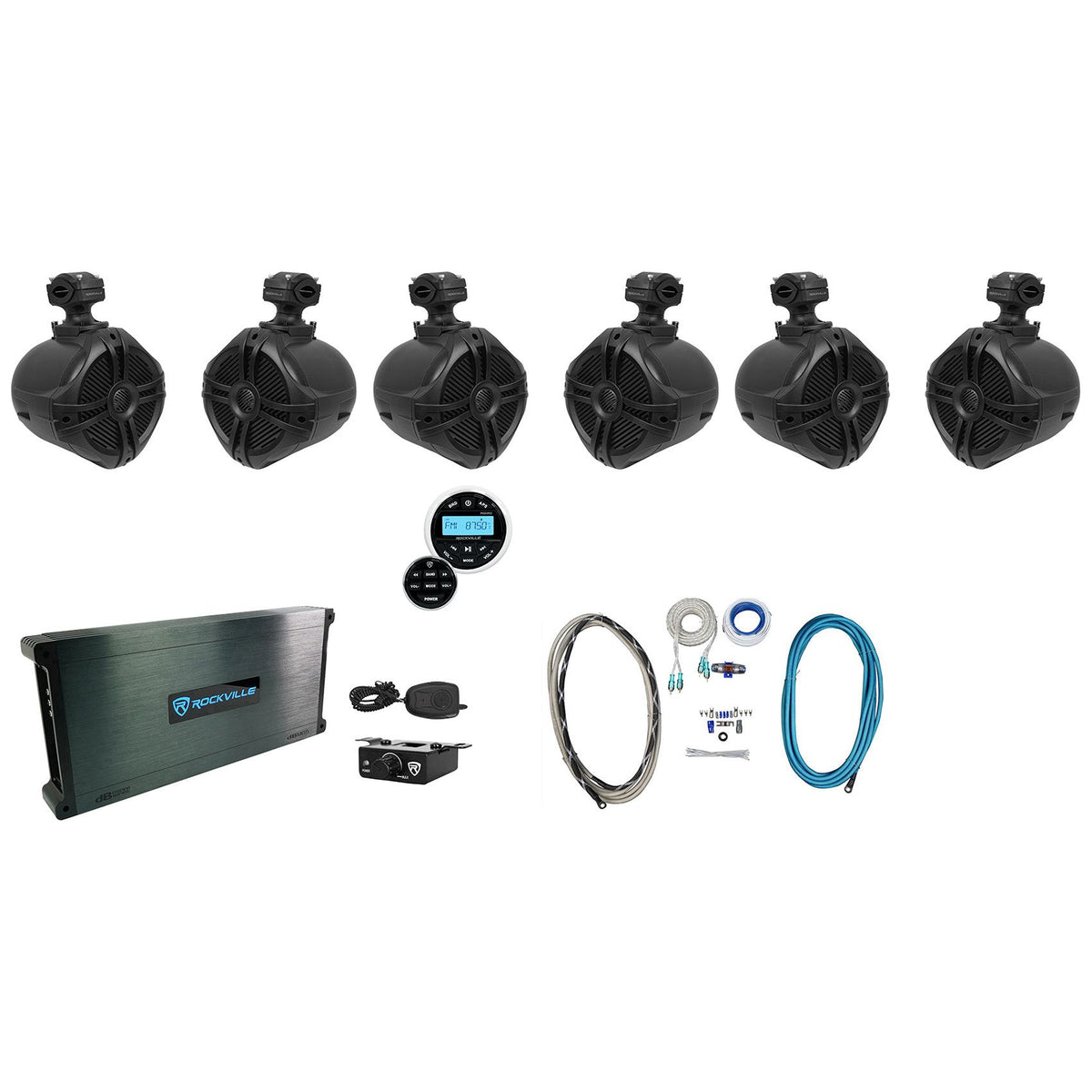 (6) RWB70B Black 6.5" Marine Wakeboard Swivel Speakers+Amp+Receiver