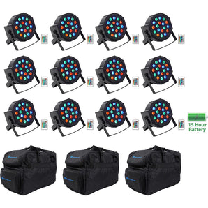 12) Rockville BATTERY PAR 50 Rechargeable LED DMX DJ Wash Up-Lights+Remotes+Bags