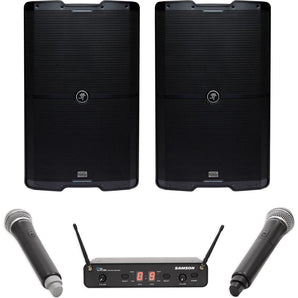 2) Mackie SRM215 V-Class 15” 2000w Bluetooth PA DJ Speakers+Wireless Samson Mics
