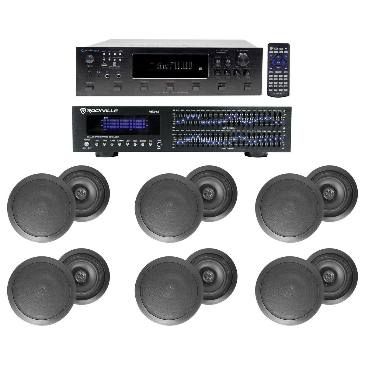 6-Zone Receiver with (6) Pairs of Black 8" In-Ceiling Speakers, Home Package
