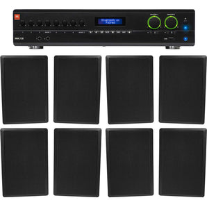 JBL 2-Channel Amplifier+(8) Slim Black Wall Speakers for Restaurant/Bar/Cafe