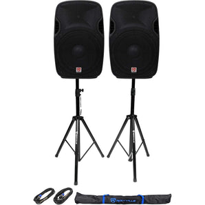 2 Rockville SPGN154 15" Passive 1600W ABS Plastic PA Speakers+Stands+Cables+Bags