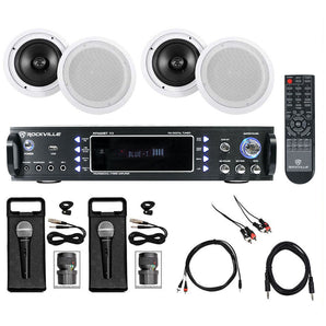 Rockville Karaoke Bluetooth Amp/Mixer + (4) 8" Ceiling Speakers + Wireless Mics