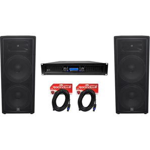(2) JBL Pro JRX225 2000 Watt Dual 15" DJ PA Speakers+Power Amplifier+Cables