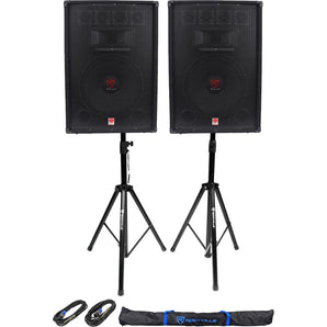 (2) Rockville RSG15.4 15” 1500w Passive PA Speakers+2)Stands+2)Cables+Carry Case