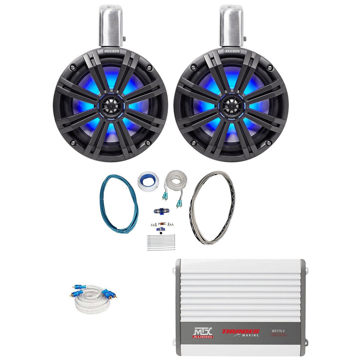 45KMTC8 8" 600W Marine Wakeboard LED Tower Speakers + WET75.2 Amplifier + RMWK8 Wire Kit