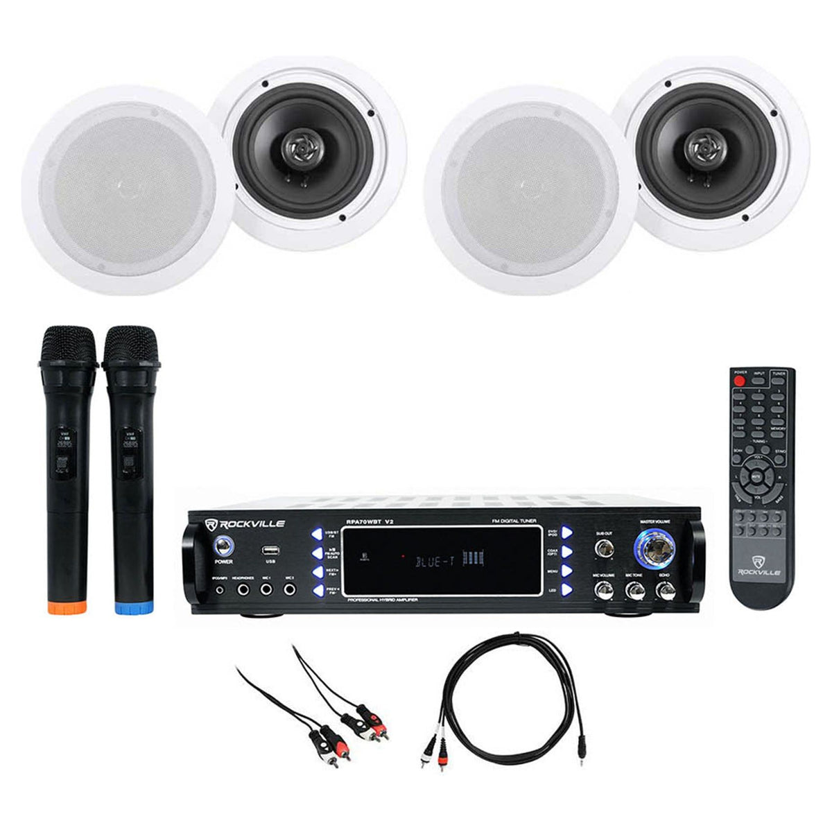 RPA70WBT Bluetooth Karaoke Amplifier+(4) 6.5" Ceiling Speakers+Wireless Mics+Cables