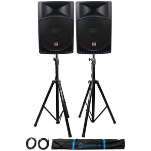 Pair Rockville RPG15 15" 2000w Powered PA/DJ Speakers + 2 Stands + 2 Cables+Bag
