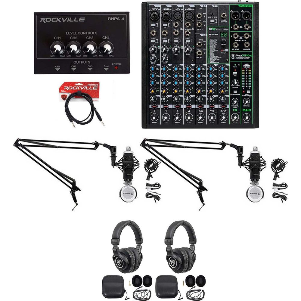 2-Person Podcast Recording Kit with ProFX10 v3 Mixer and Boom Arms