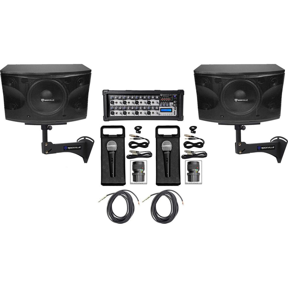 KPS12 12" 3-Way 1600W Karaoke Speakers+Mixer+Wall Brackets+(2) Mics