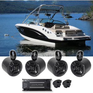 (4) Polk Audio Marine Boat Wakeboard Tower Speakers+Alpine 4-Channel Amplifier