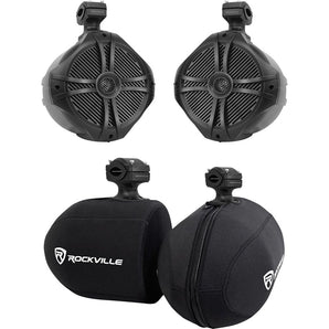2 Rockville RWB90B Black 8" 360° Swivel Marine Wakeboard Tower Speakers+Covers