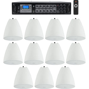 Rockville 6-Zone Amp Receiver+11) White Pendant Speakers For Restaurant/Bar/Cafe