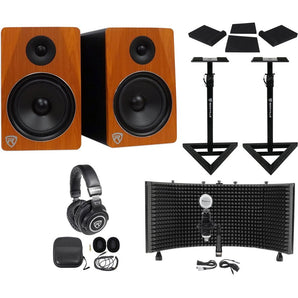 (2) Rockville APM8C 8" 500w Studio Monitors+Stands+Pads+Headphones+Mic+Shield