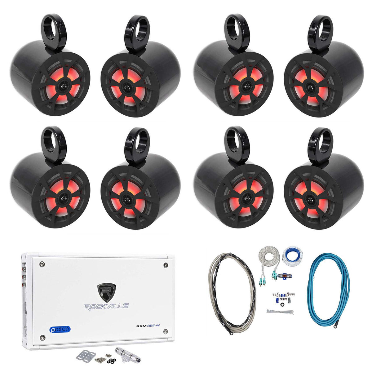 (8) RKL65MBW 6.5" 700W Marine Wakeboard LED Speakers+Amplifier+Wires