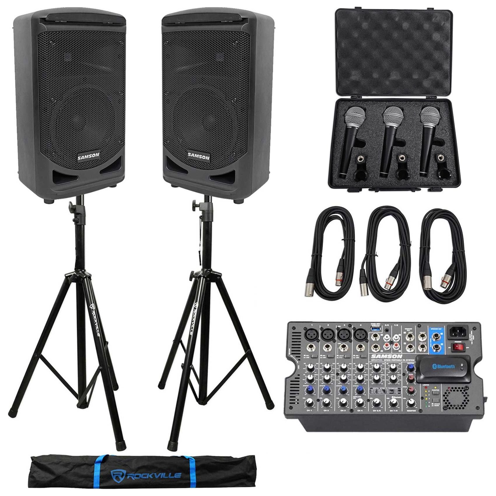 Samson Expedition XP800 800w 8" PA DJ Speakers+Powered Mixer+Mics+Cabl Audio Savings