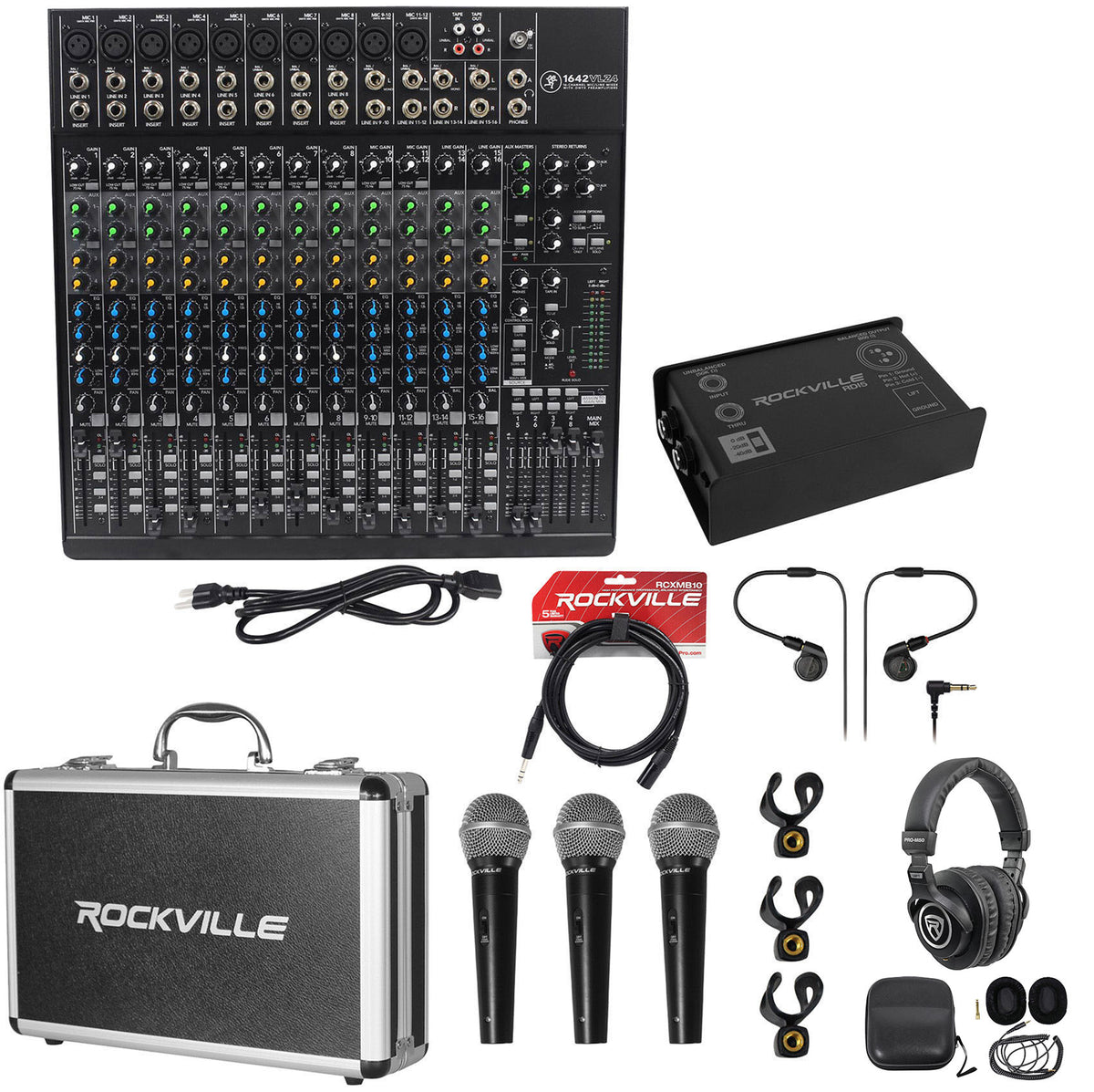 1642VLZ4 16-Channel Mixer, DI Box, In-Ear Monitors, (3) Mics & Headphones