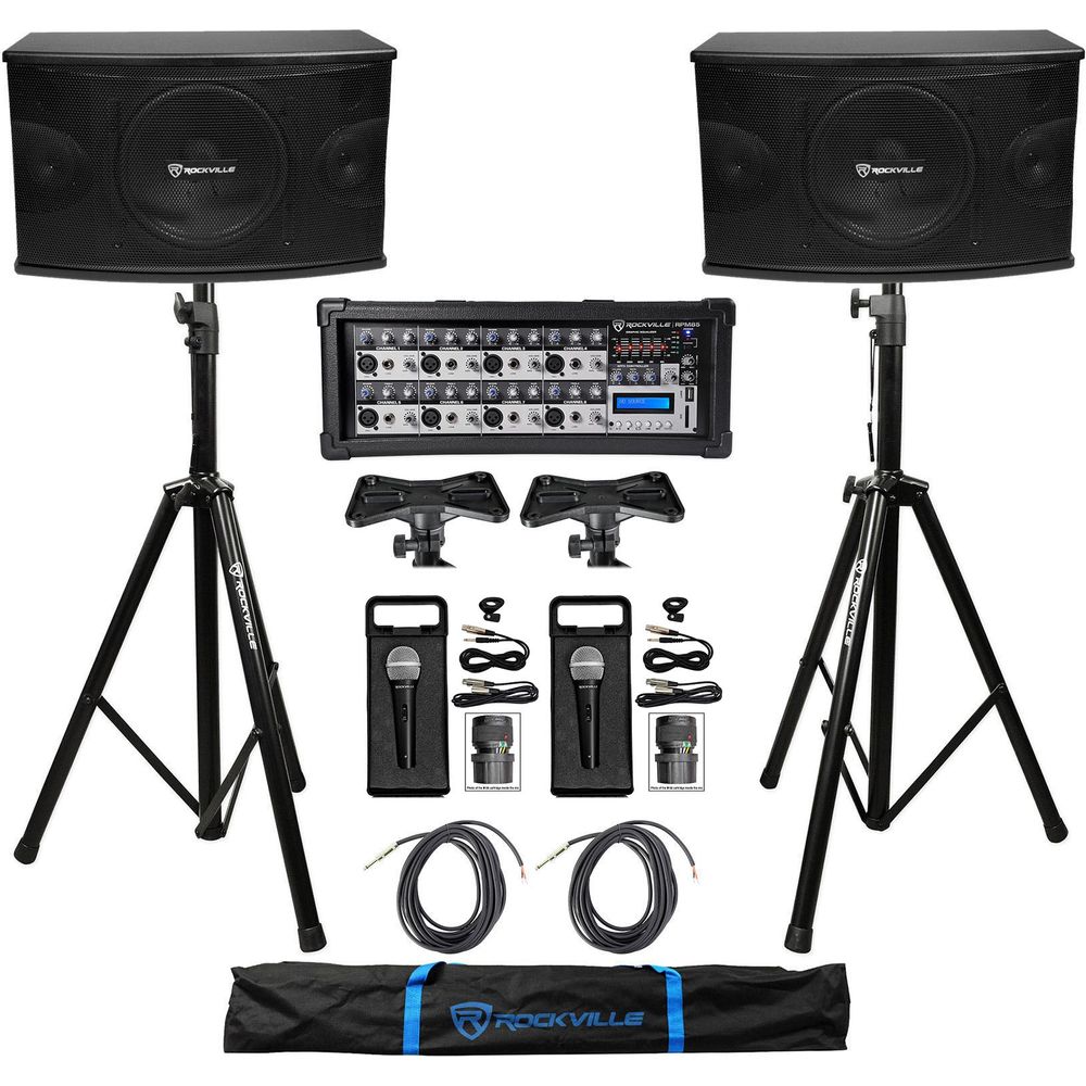(2) KPS10 10" 3-Way 1200W Karaoke Speakers+Mixer+Tripod Stands+(2) Mics