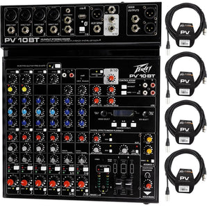 Peavey PV 10BT PV10BT Mixer,4 mic In,Bluetooth/USB,Compressor/Effects+XLR Cables