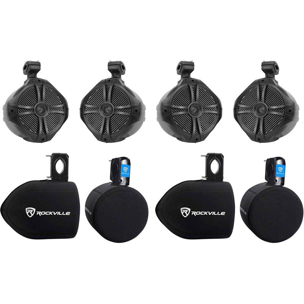(4) RWB90B 8" Black Marine Wakeboard Tower Speakers + Neoprene Covers