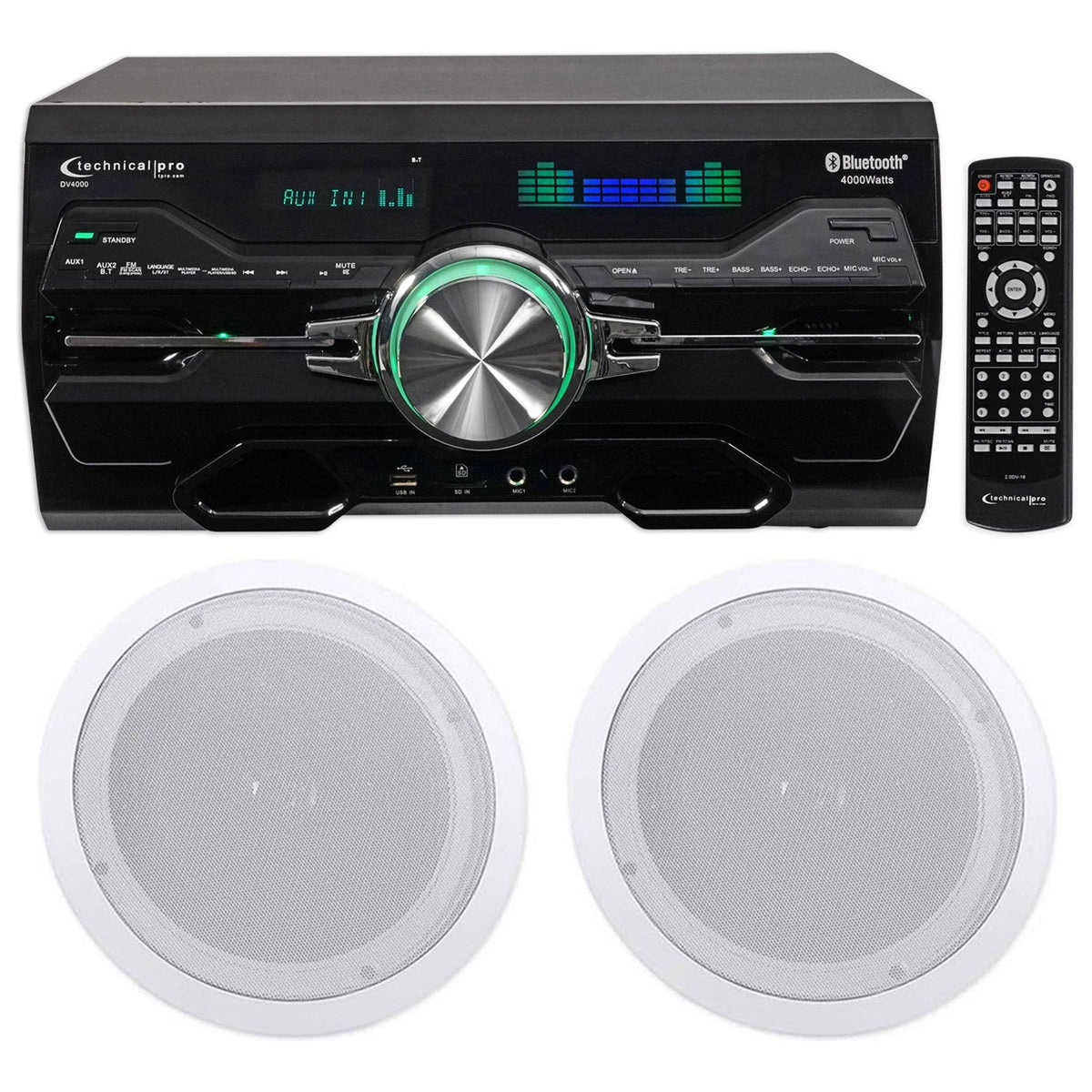 4000W Bluetooth DVD Receiver with (1) Pair 8" White In-Ceiling Speakers