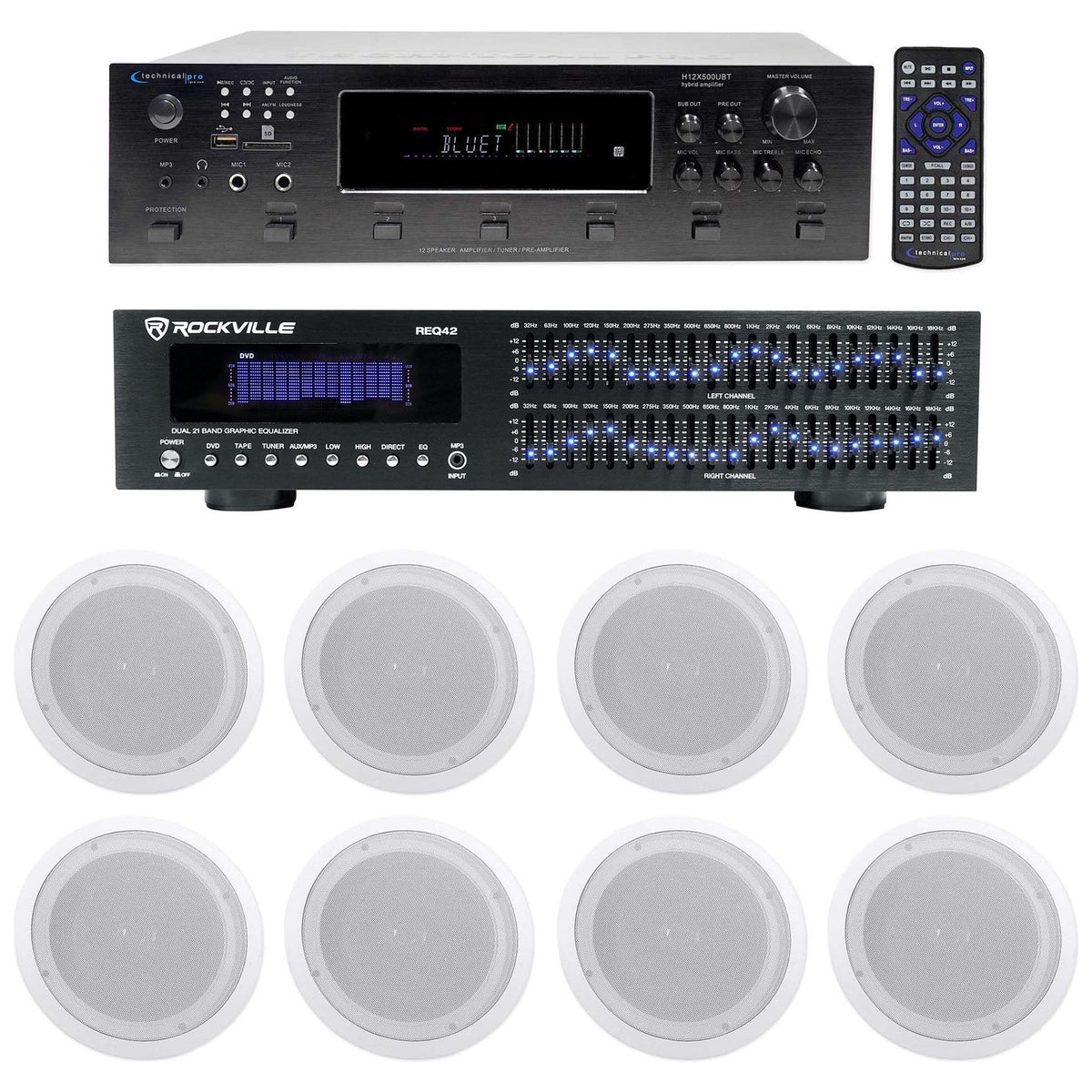 6-Zone Receiver with (4) Pairs of White 8" In-Ceiling Speakers, Home Package