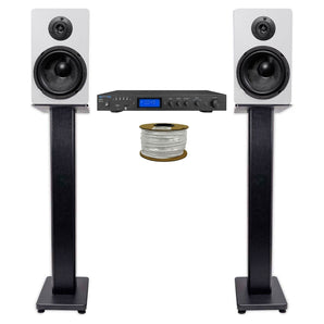 Technical Pro IA25U Receiver+2) 6.5" White Bookshelf Speakers+28" Speaker Stands