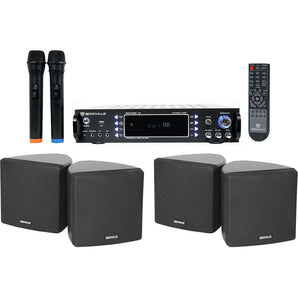 Rockville Hybrid Home Theater Karaoke Receiver+Mics+(4) 3.5" Black Cube Speakers