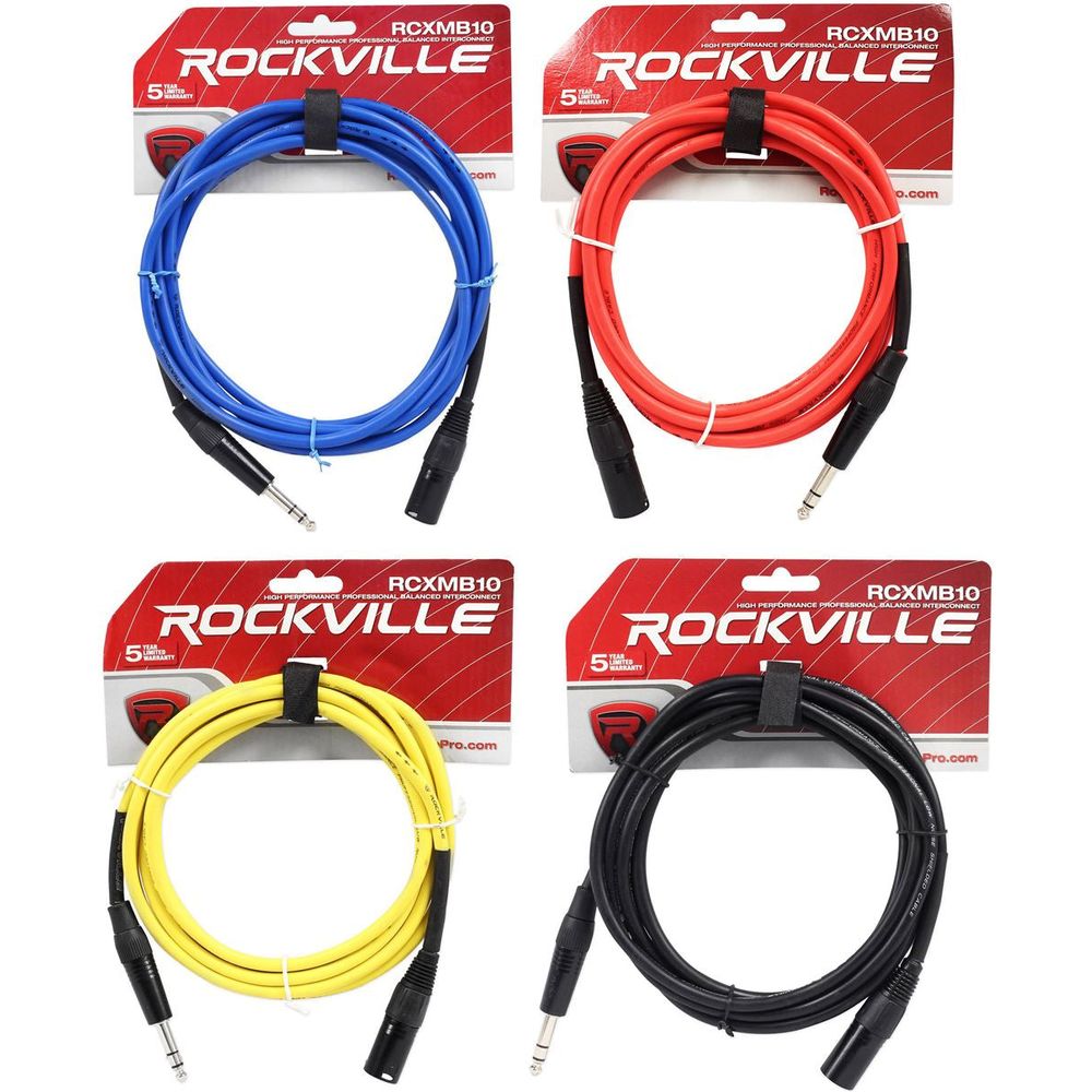 4 10' Male XLR to 1/4" TRS Cables 100% Copper (Black, Blue, Red, and Yellow)