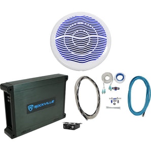 Rockville MS10LW 10" 2400w White Marine/Boat 10" LED Free Air Subwoofer+Mono Amp+Wire Kit