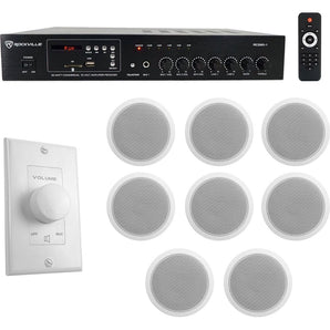 Rockville Commercial Restaurant Amp+(8) 6 inches White Ceiling Speakers+Wall Control