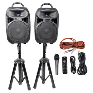 Rockville RPG082K Dual 8" Powered PA System Speakers/Bluetooth+Mic+Stands+Cables