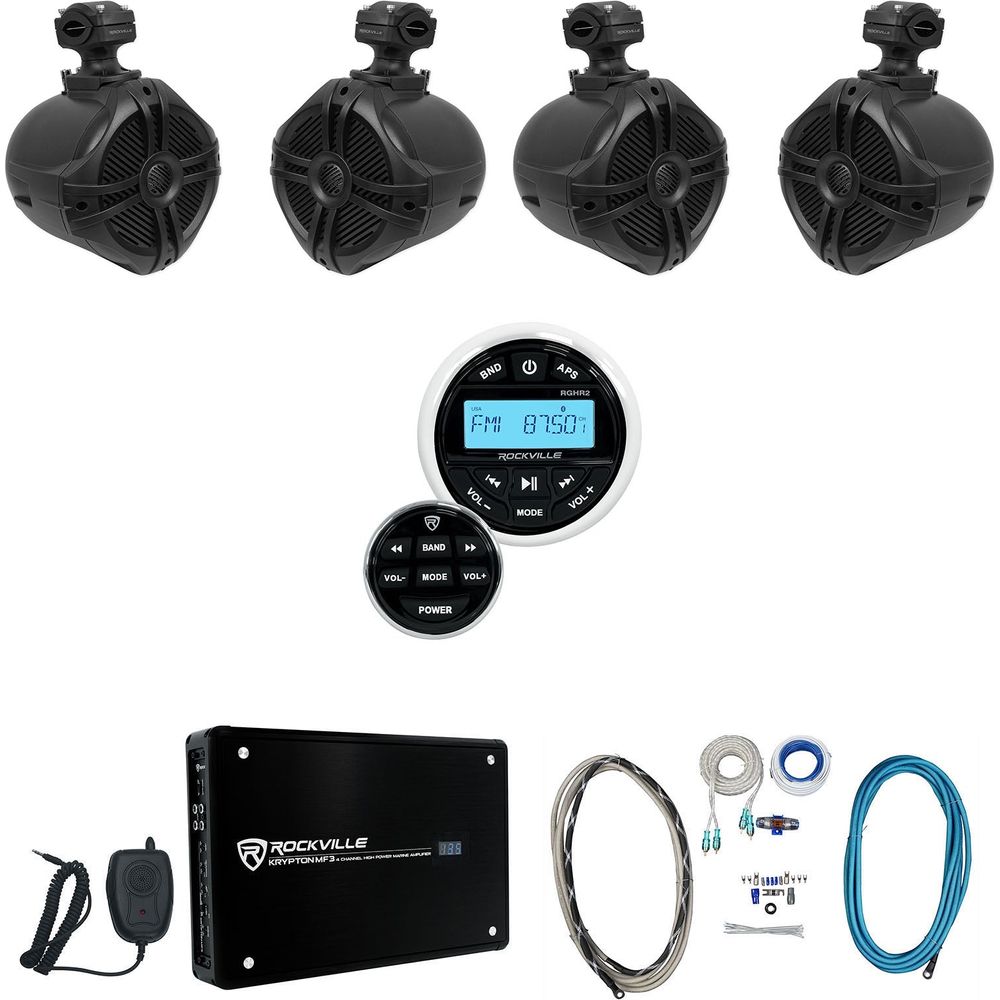 4 Zone Marine Receiver + 6.5" Black Towers 4-Pack + 4-Ch Amp Bundle