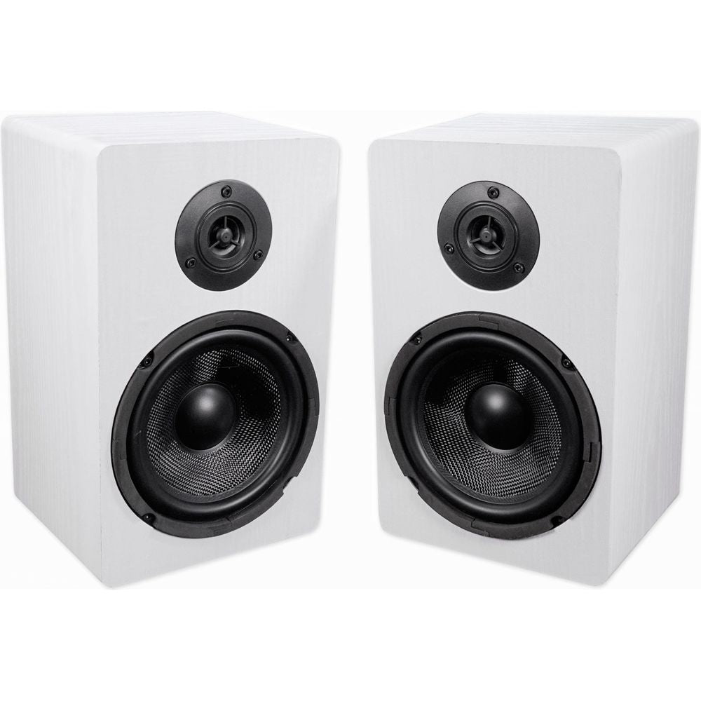 RockShelf 68W White 6.5" Home Bookshelf Speakers + 8" Desktop Stands