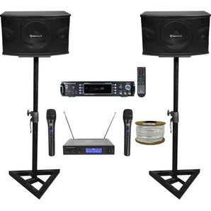 2 Rockville KPS10 Karaoke Speakers+Bluetooth Amp+Adjustable Stands+Wireless Mics + Rockville R14GSBR100 Red/Blk 14 Gauge 100' Ft. Mini Spool Car Audio Speaker Wire