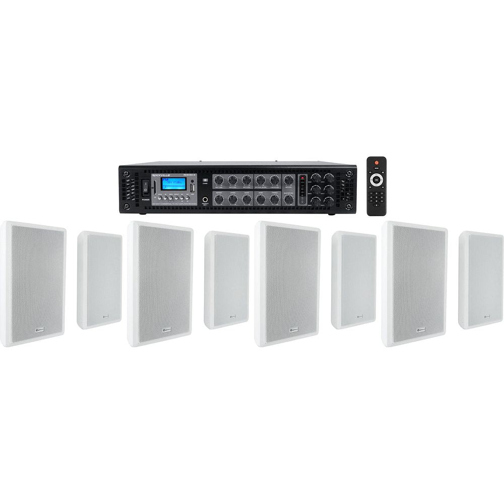 6-Zone 70V Amplifier + (8) Slim White Restaurant/Bar/Cafe Wall Speakers