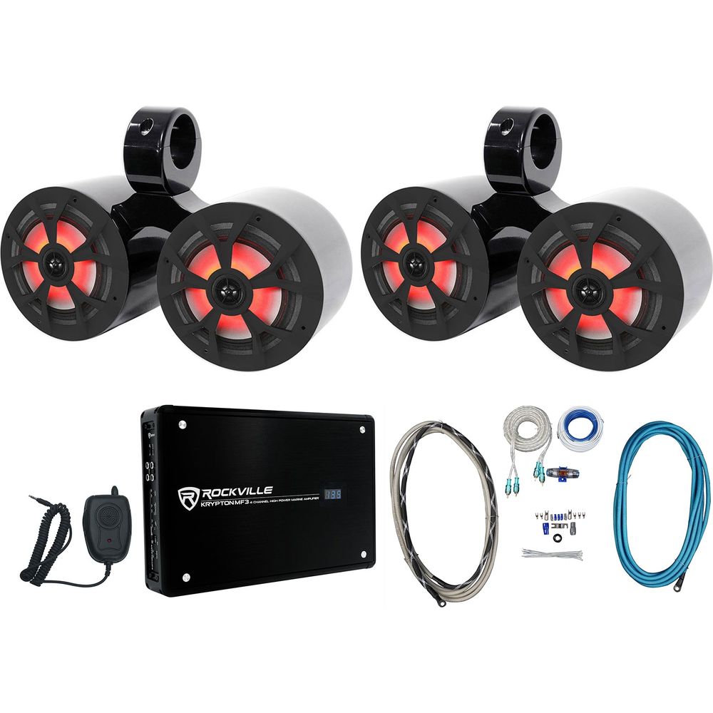 (4) RKL65MBW 6.5" Marine Wakeboard LED Speakers+Dual Black Pods+Amplifier