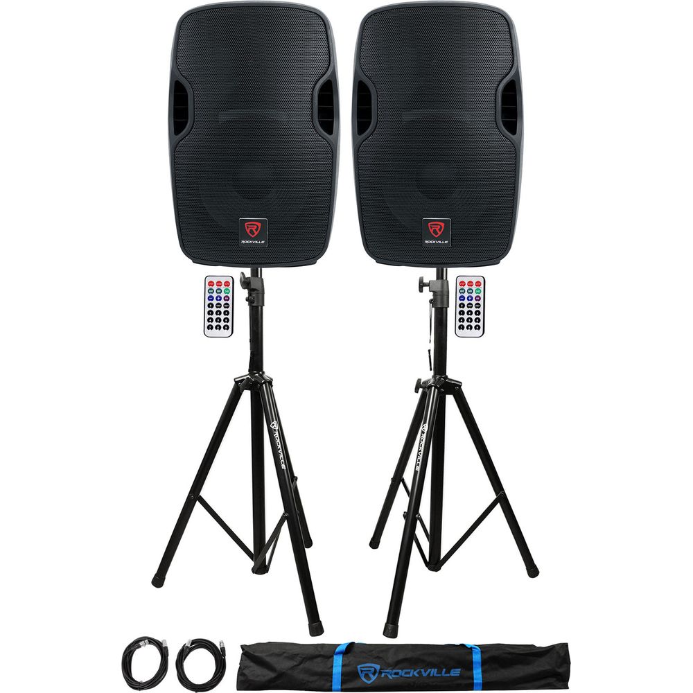 BPA12 12" Powered Speakers 2-Pack + Tripod Stands + XLR Cables Bundle