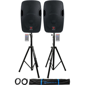 2) Rockville BPA12 12" Powered 600W DJ PA Speakers w Bluetooth+Stands+Cables+Bag