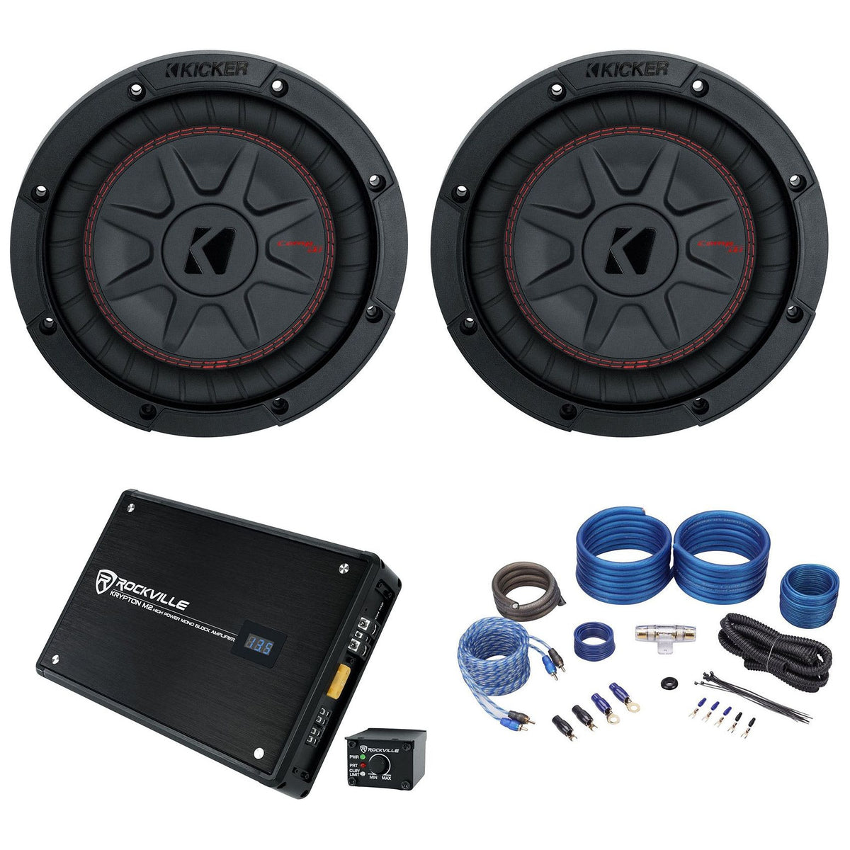 48CWRT84 Shallow 8-Inch Subwoofers, 750W Mono Amplifier & 4-Gauge Wiring Kit