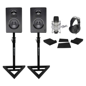 Pair Samson M50 5" Active Studio Monitors+Stands+Pads+Headphones+Mic+Shock Mount