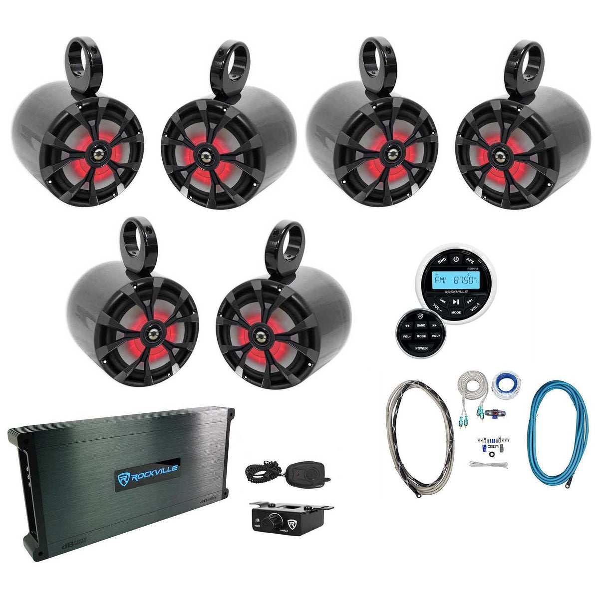 RKL65MBW 6.5" Marine Wakeboard Tower LED Speaker, Amp & Receiver Bundle