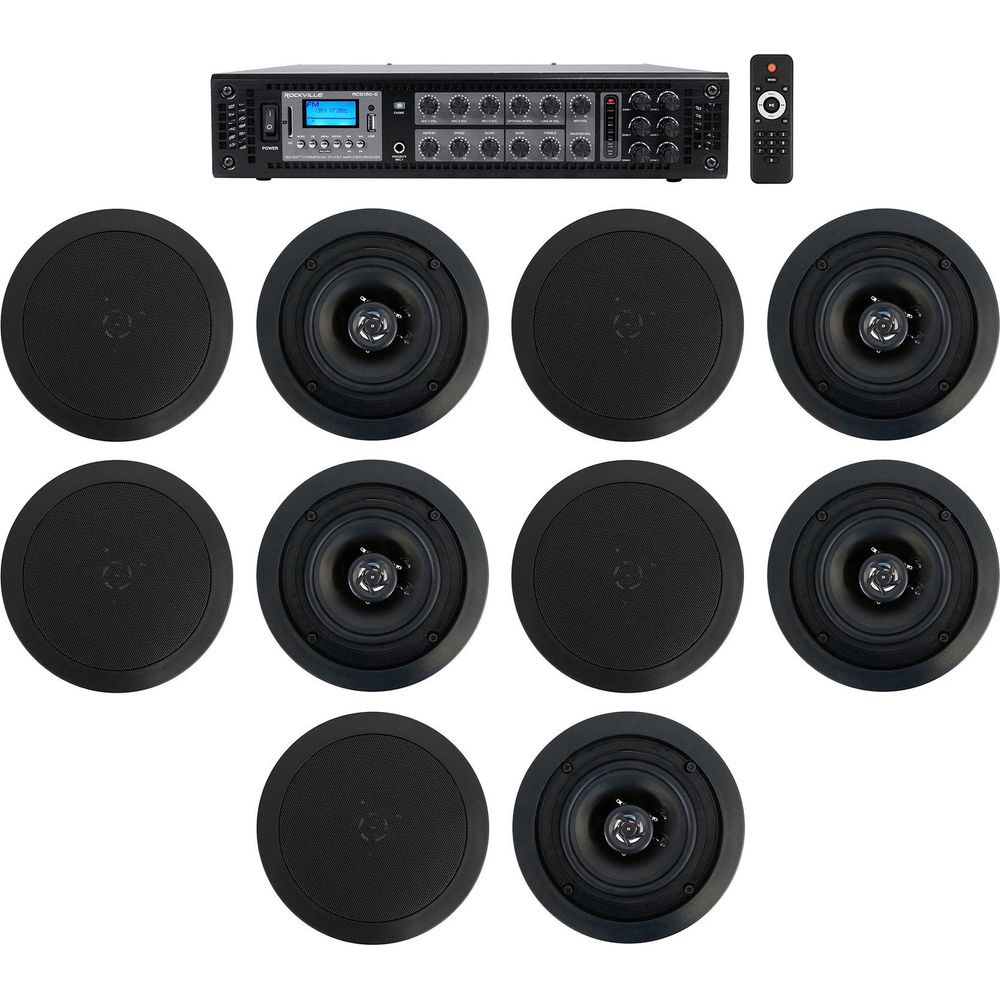Home Audio System + (10) 5.25" Black Ceiling Speakers for Bedroom/Living Room/Bathroom