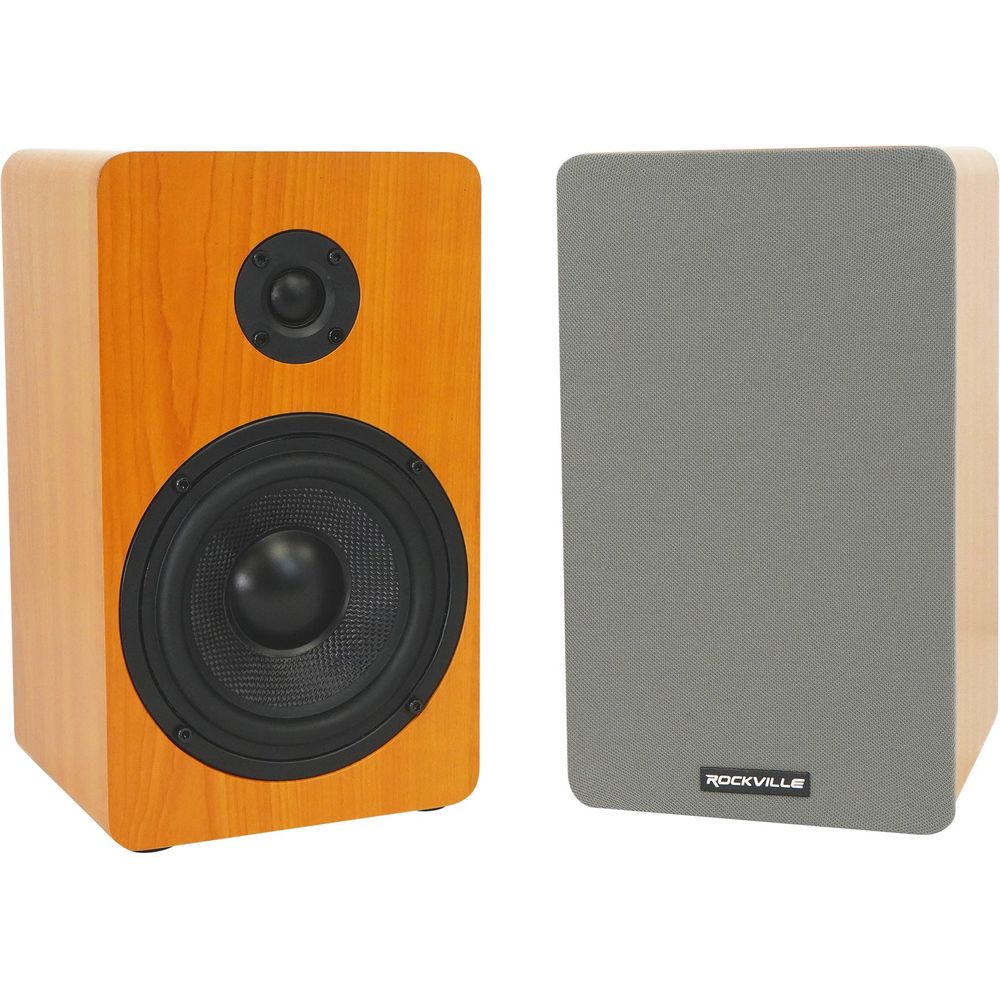 RockShelf 54C Wood 5.25" Home Bookshelf Speakers+8" Wood Stands