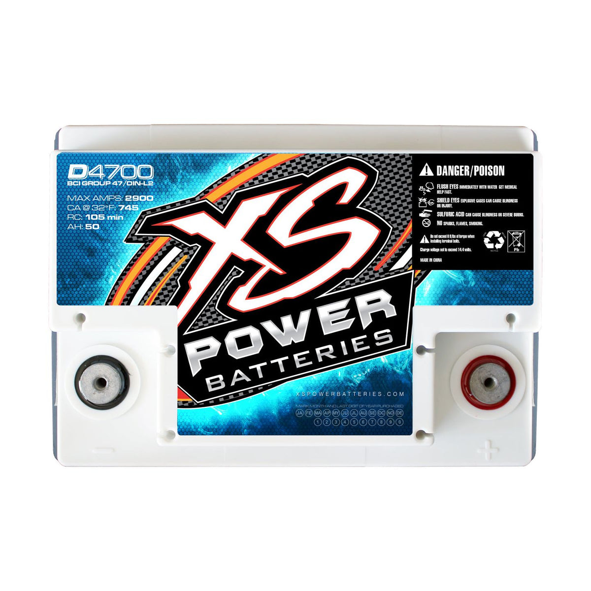 XS Power D4700 2900 Amp 12V Group 48 Power Cell AGM Battery + Power/Ground Wires
