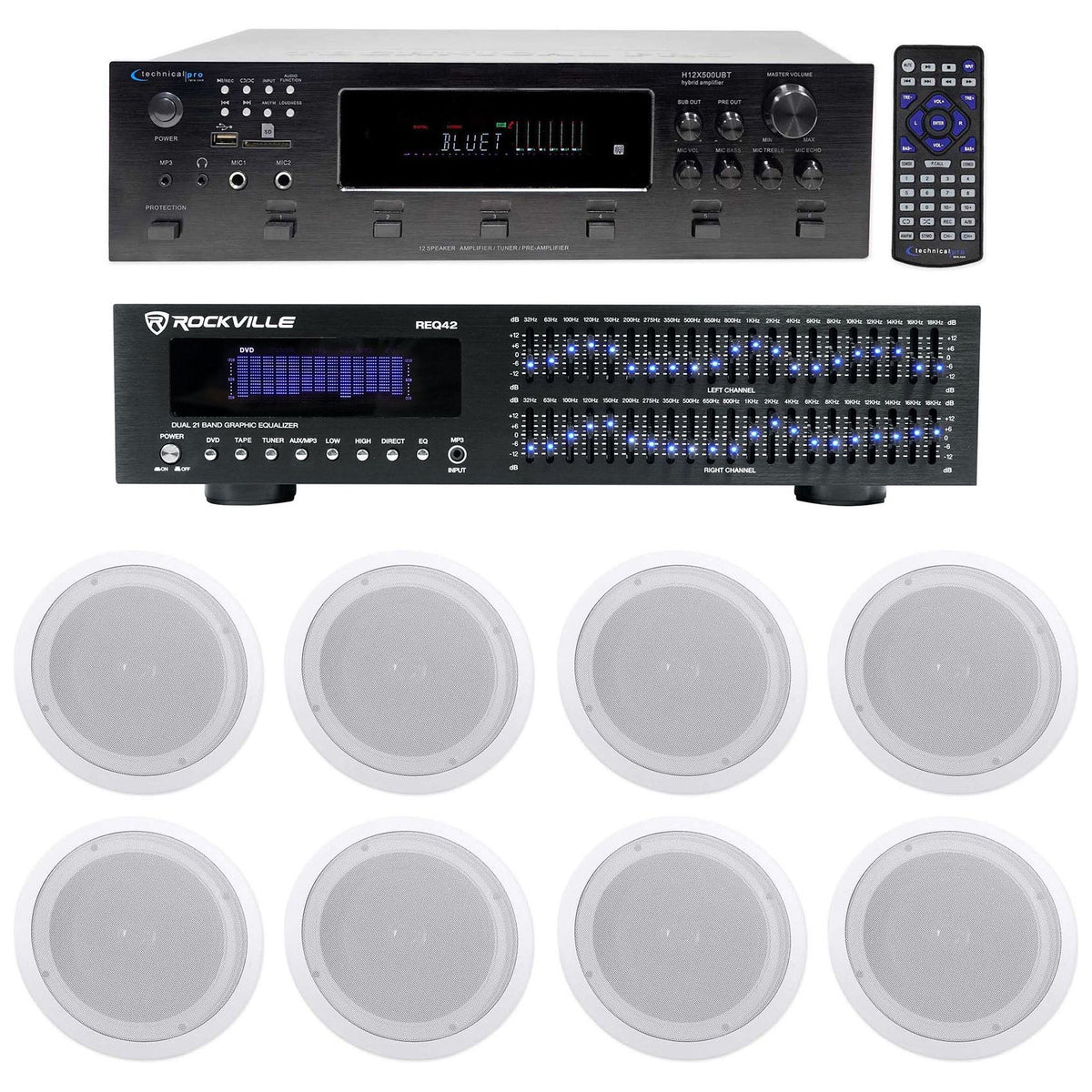 6-Zone Receiver with (4) Pairs of White 8" In-Ceiling Speakers, Commercial Package