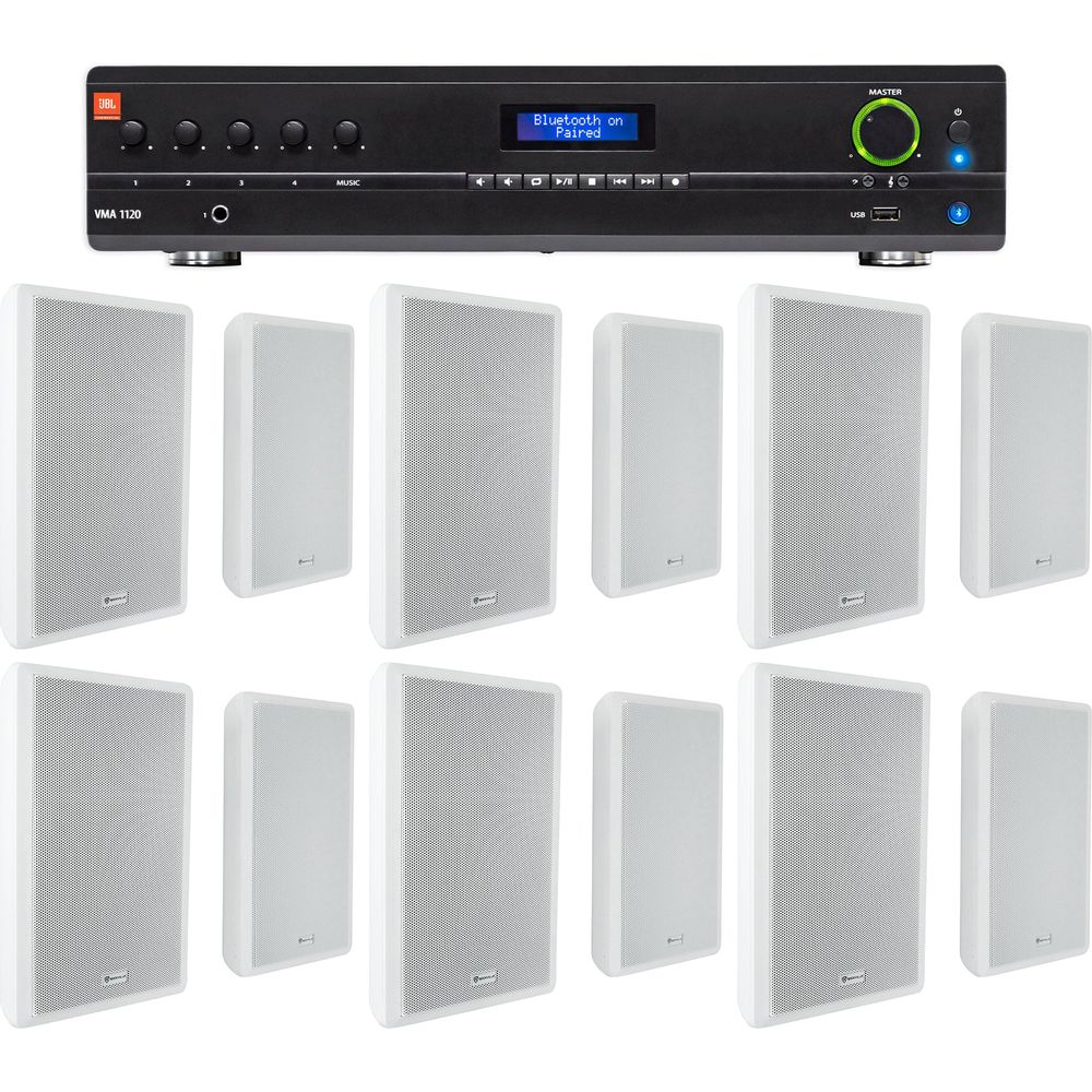 JBL Commercial Amplifier+(12) Slim White Wall Speakers for Restaurant/Bar/Cafe