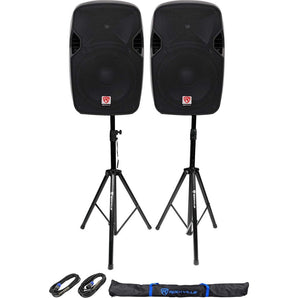 (2) Rockville SPGN124 12" Passive 2400W DJ PA Speakers+Stands+Cables+Carry Bag
