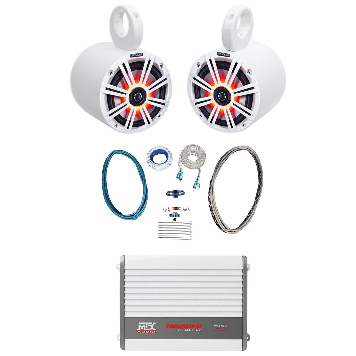KM65 6.5" White Wakeboard Tower LED Speakers, MTX Amplifier & Wire Kit