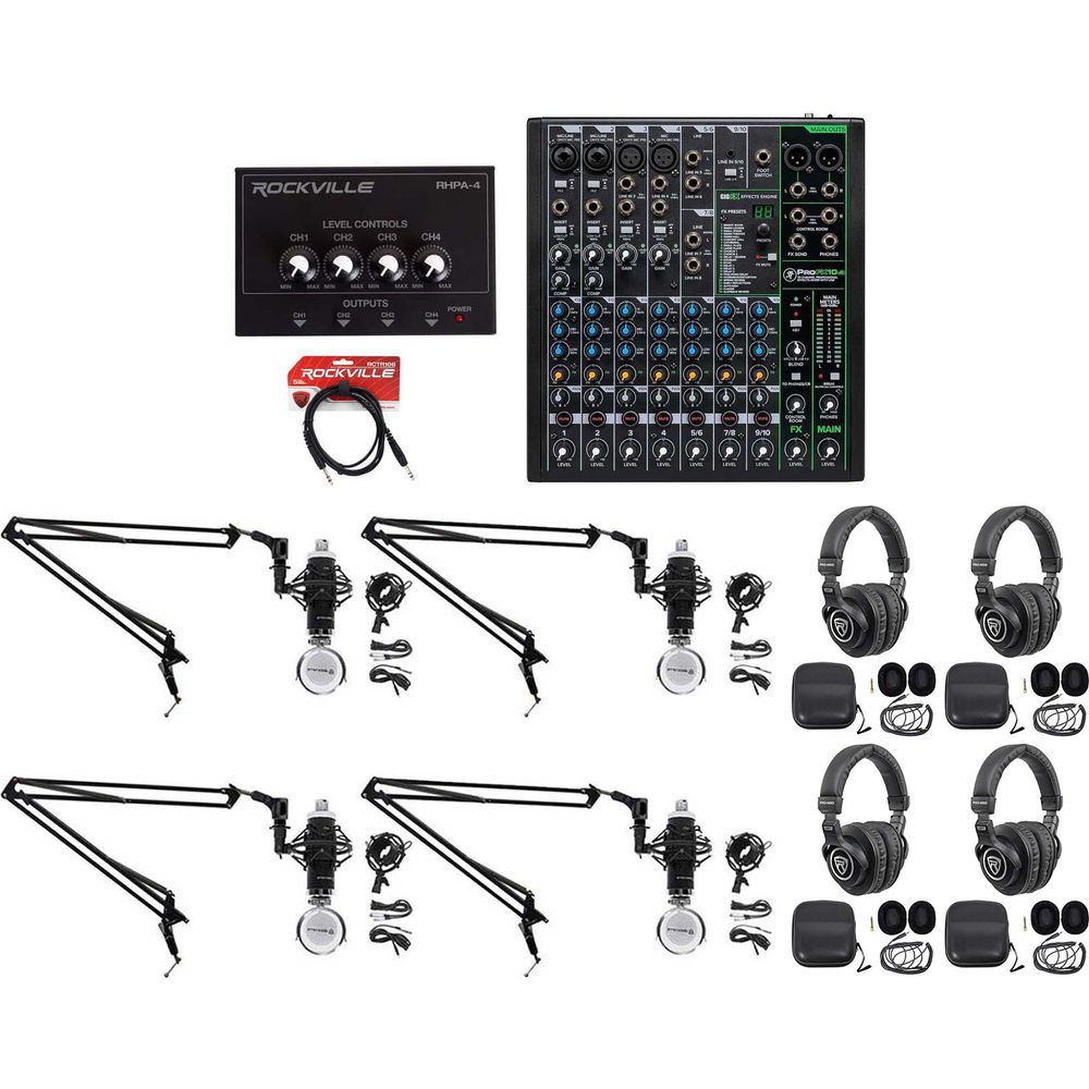 4-Person Podcast Recording Kit with ProFX10 v3 Mixer and Boom Arms